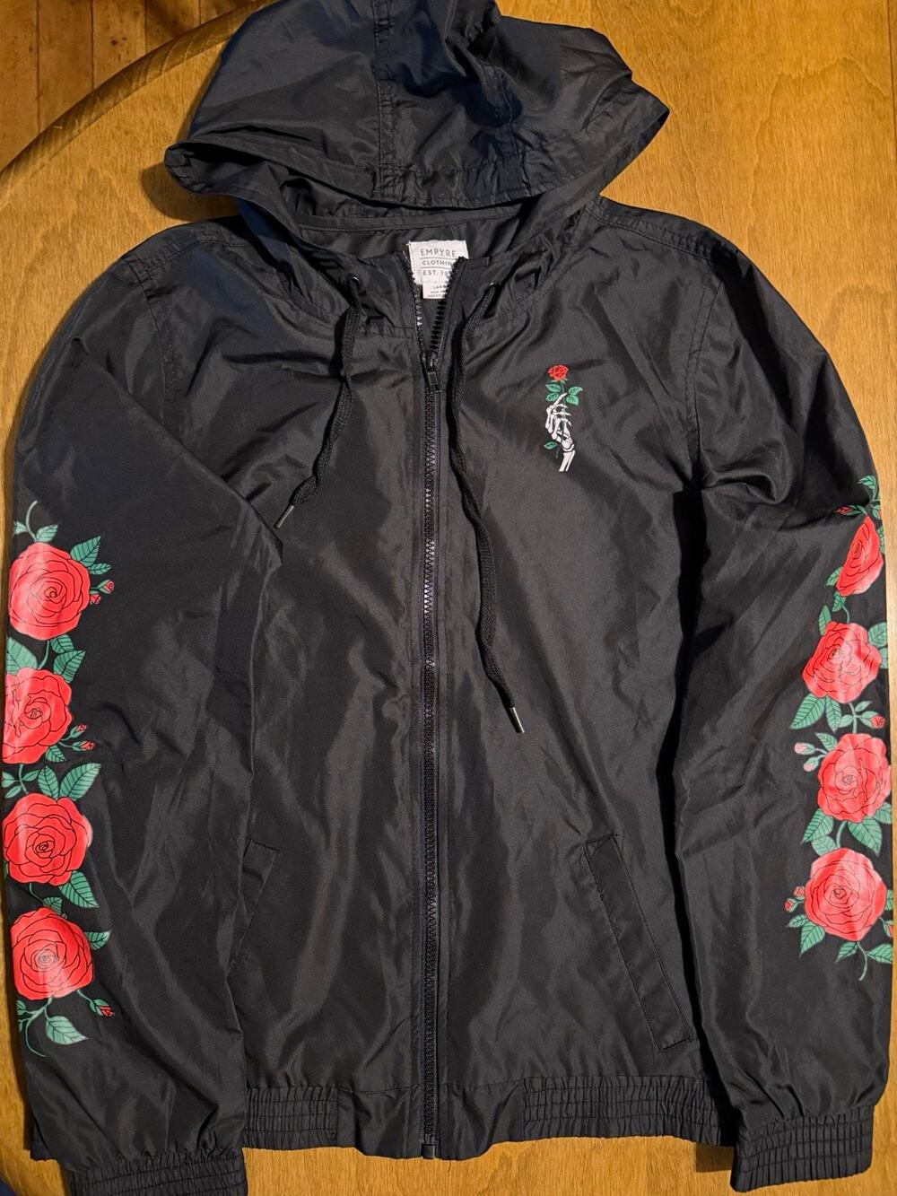 Empyre Black Hooded Full Zip Windbreaker Jacket Floral Rose Print Size L